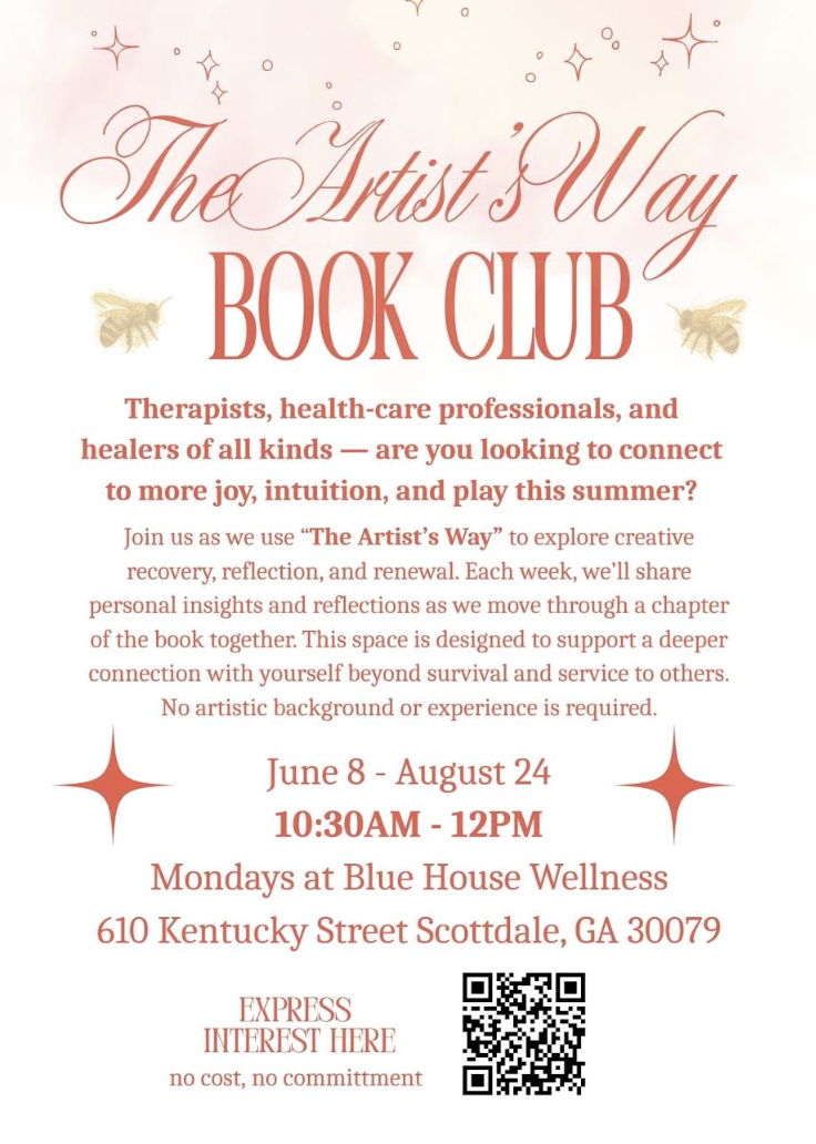 Flyer for The Artist’s Way Book Club, held Mondays from June 8 through August 24 at Blue House Wellness.