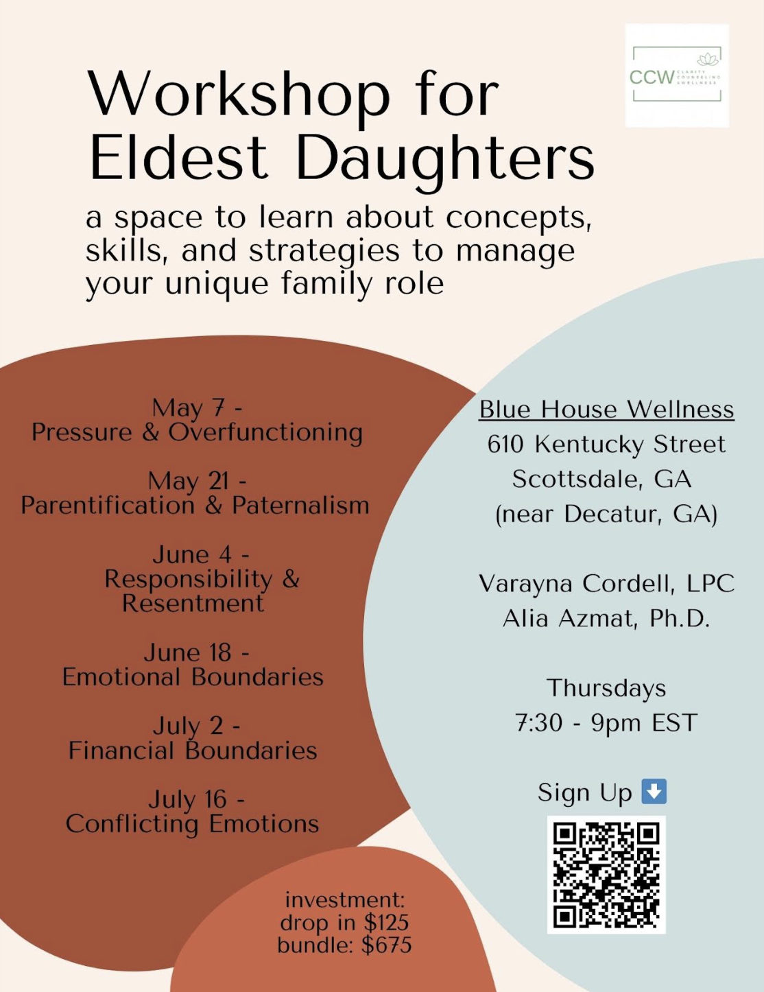 Flyer for the Workshop for Eldest Daughters at Blue House Wellness, led by Varayna Cordell and Alia Azmat.