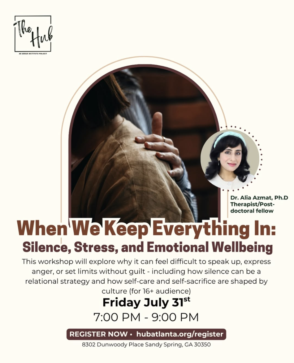 Flyer for When We Keep Everything In: Silence, Stress, and Emotional Wellbeing at The Hub.